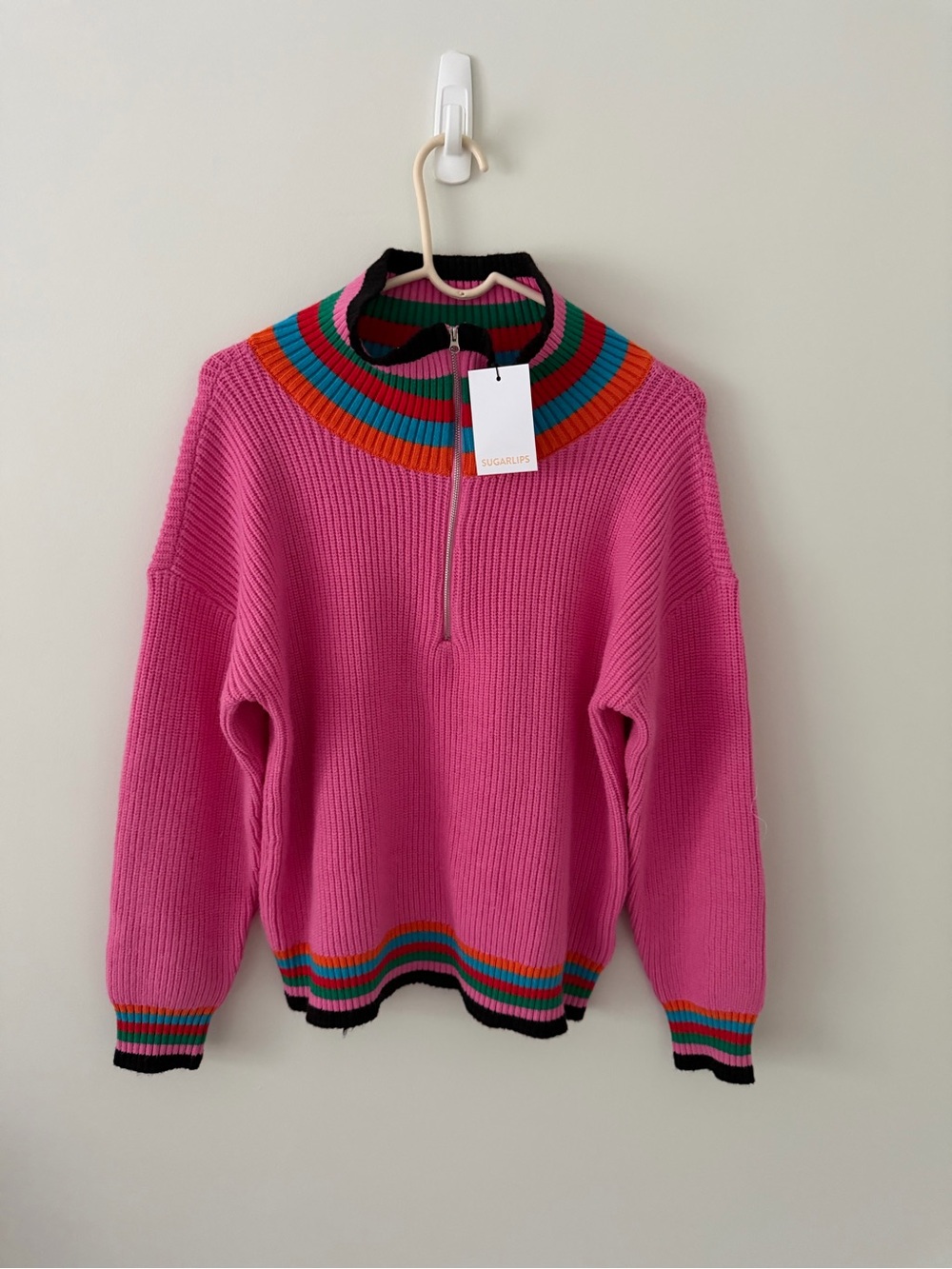 Sugarlips Pink Ribbed Half-Zip Turtleneck Sweater with Multicolor Stripe Trim